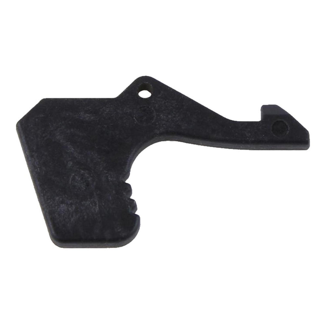 Smith & Wesson M&P 15-22 charging handle latch, black steel lever with a hooked arm and pivot hole, shown side-on
