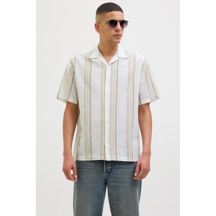 Jack & Jones Jack & Jones Premium revere collar linen shirt in White with Green stripe Travertine