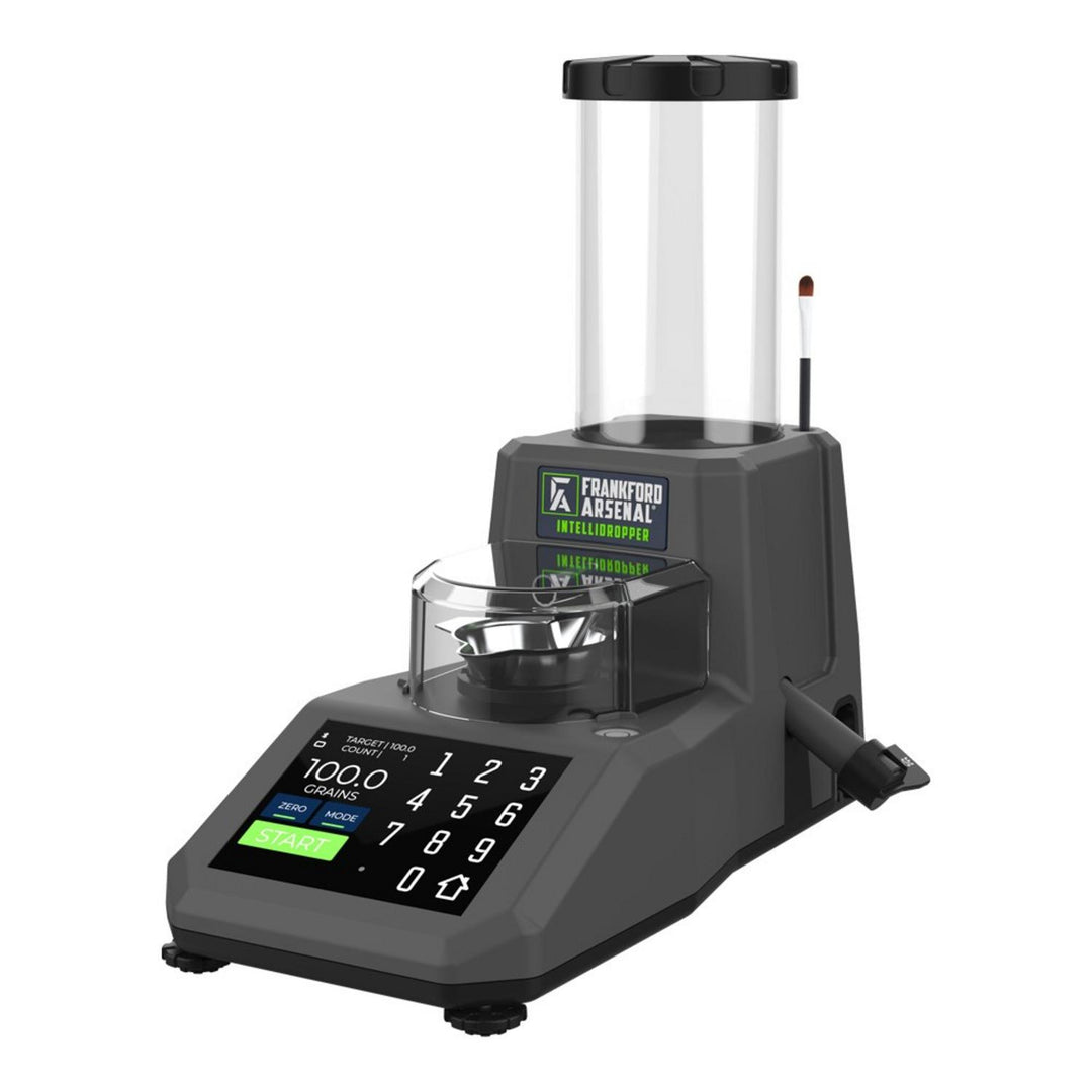 Frankford Arsenal Intelli-Dropper 2.0 powder dispenser, grey unit with a clear powder hopper on top and a touch keypad reading 100.0 grains