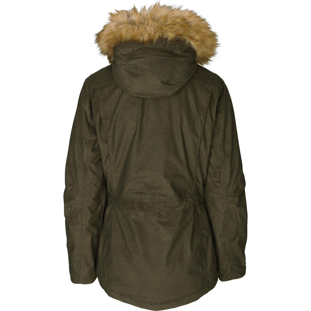 Seeland North Lady jacket, rear view showing fur-trimmed hood, drawcord waist and back yoke