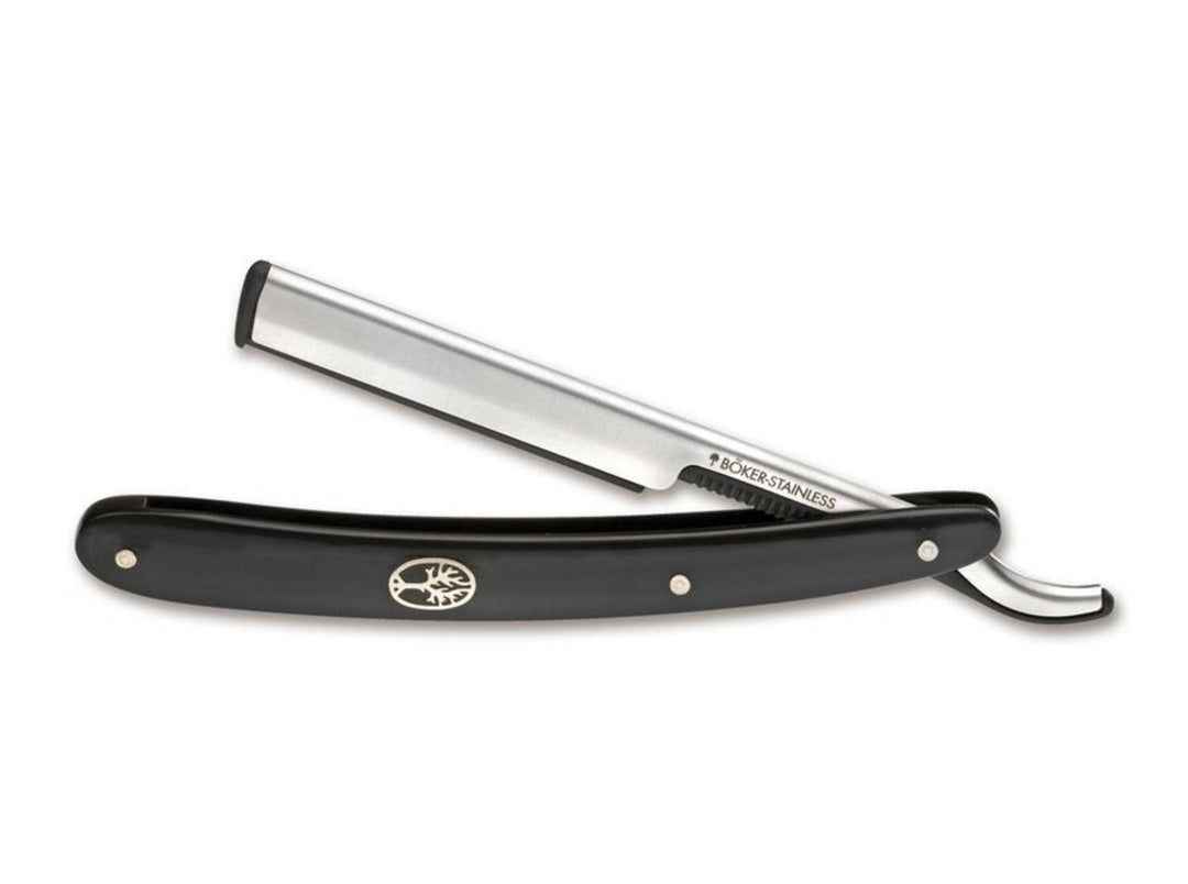 Böker Razette black replaceable-blade razor with black handle and Böker tree emblem, open on a white background
