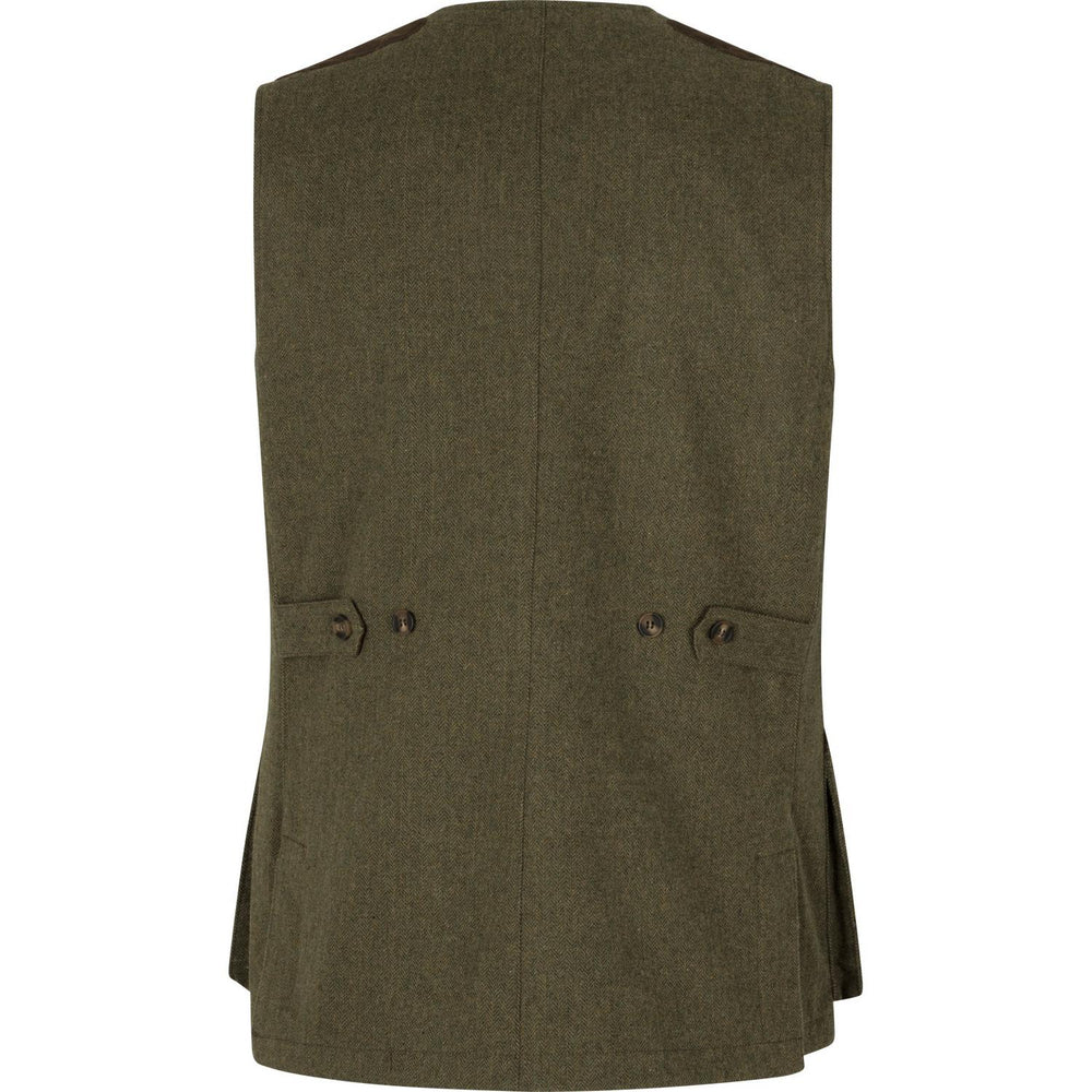 Back of the olive tweed Seeland Hillside waistcoat shown flat, plain panel with a buttoned half-belt at the waist and vents at the hips.