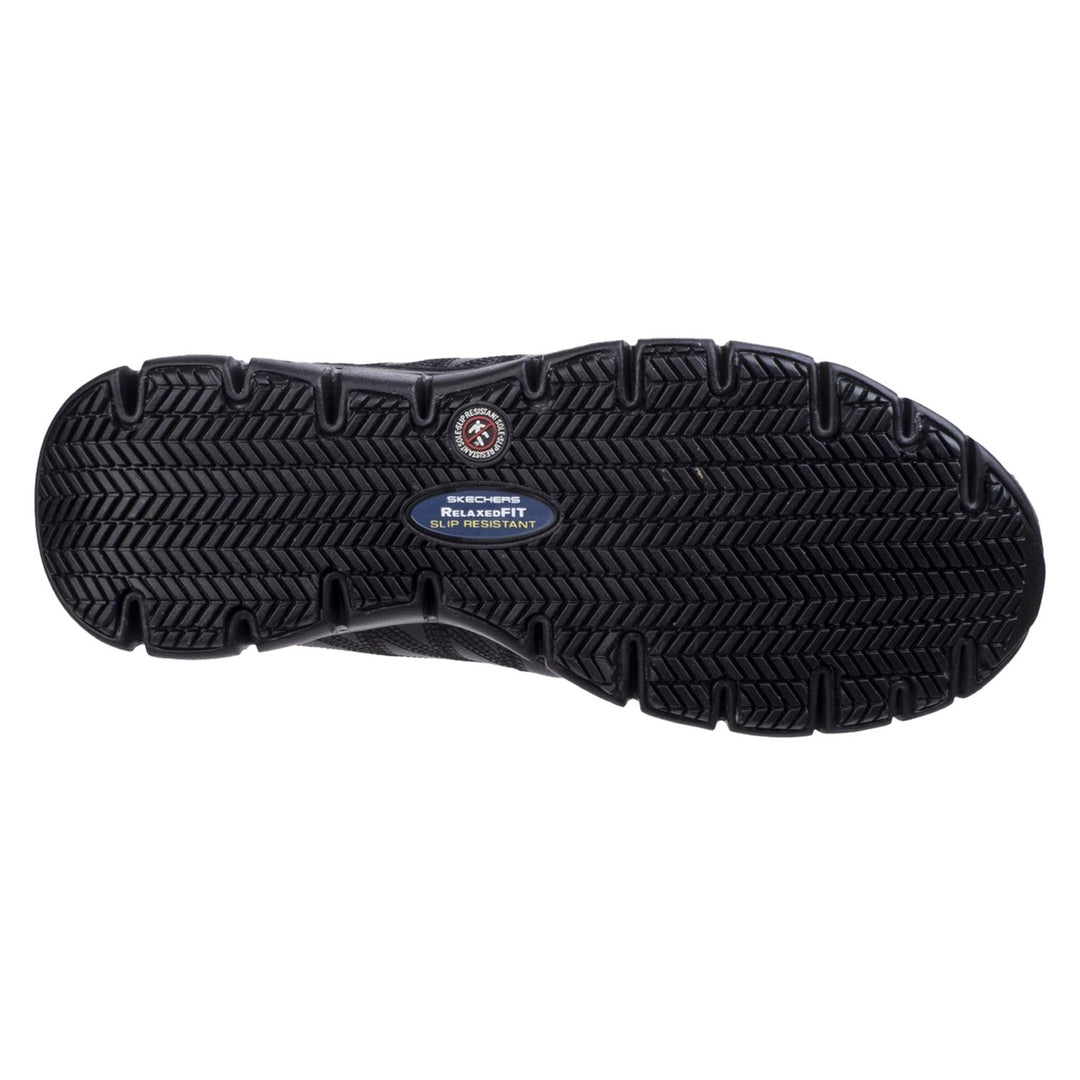 Skechers Workwear Sure Track Erath Occupational Shoe Black - Side stitched stripe designs with S logo, Lace up sporty casual comfort slip resistant work sneaker design