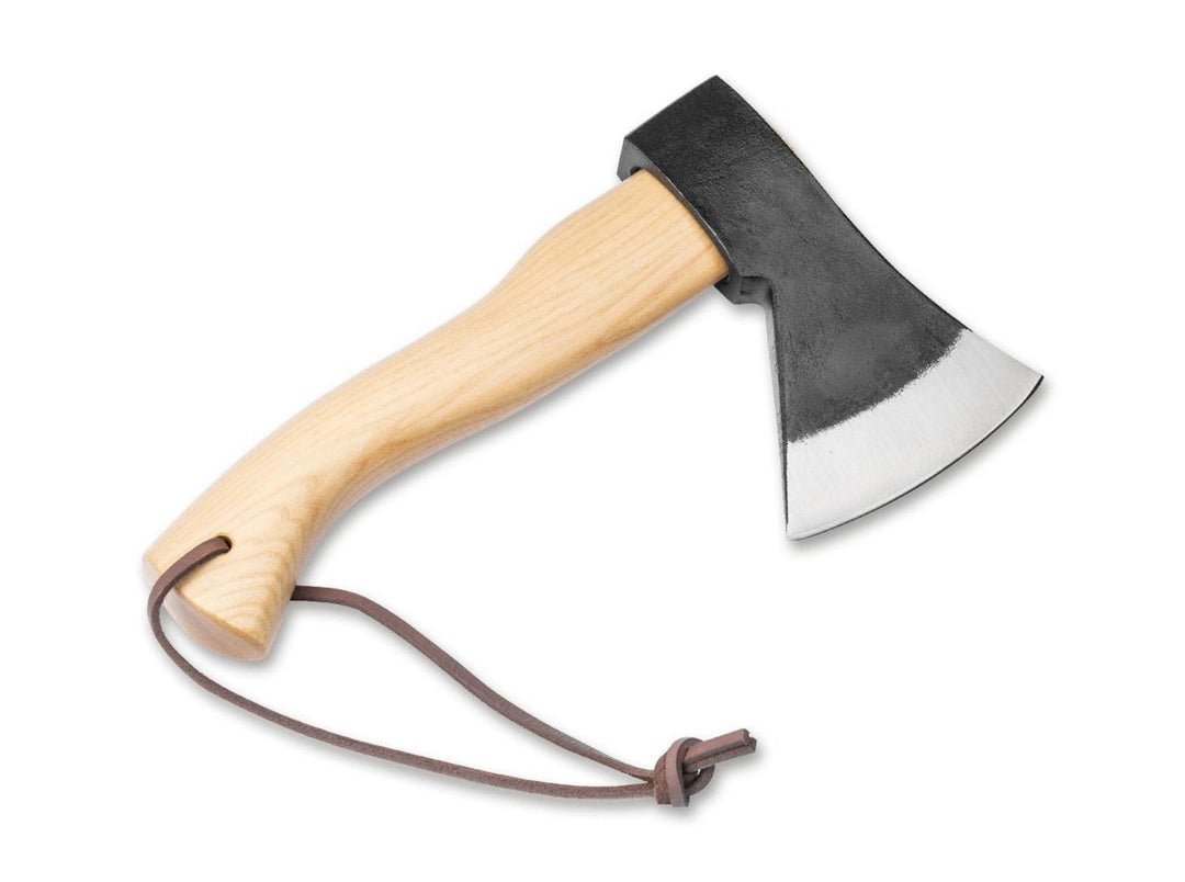 Böker Plus Appalachian Origin mini axe, opposite side view with light wood handle, leather lanyard and polished edge