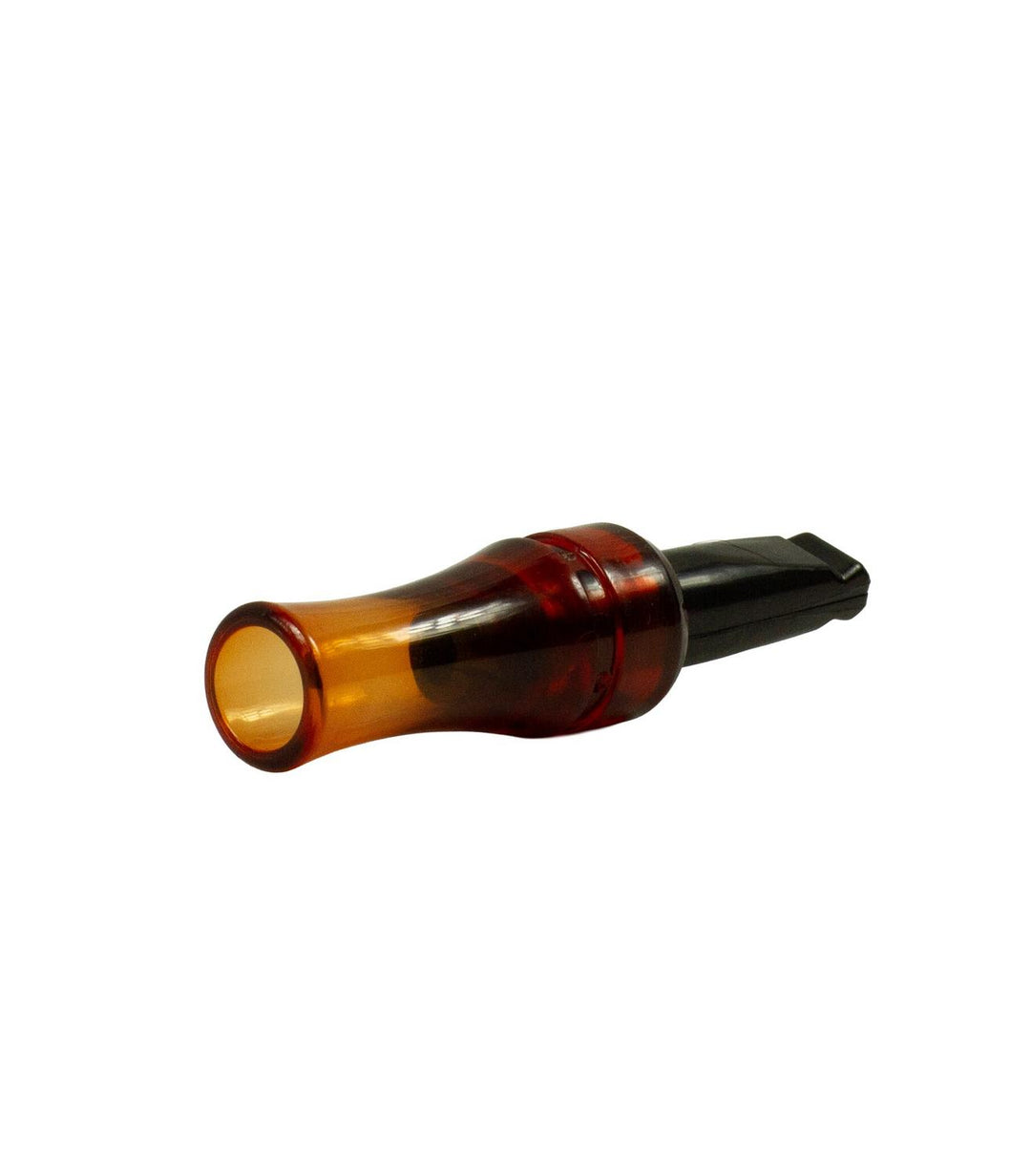 Mjoelner Hunting crow call, translucent amber acrylic barrel with a black moulded mouthpiece, laid horizontally on white
