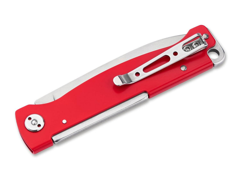Böker Plus Atlas Red folding knife with red handle, back view showing steel pocket clip