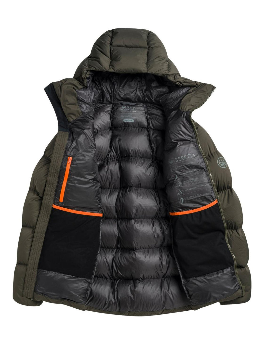 The olive Svalbard jacket held open to reveal its black quilted down lining, orange-piped internal pocket and dark inner storm flap.