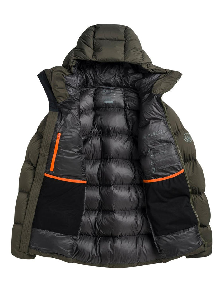 The olive Svalbard jacket held open to reveal its black quilted down lining, orange-piped internal pocket and dark inner storm flap.