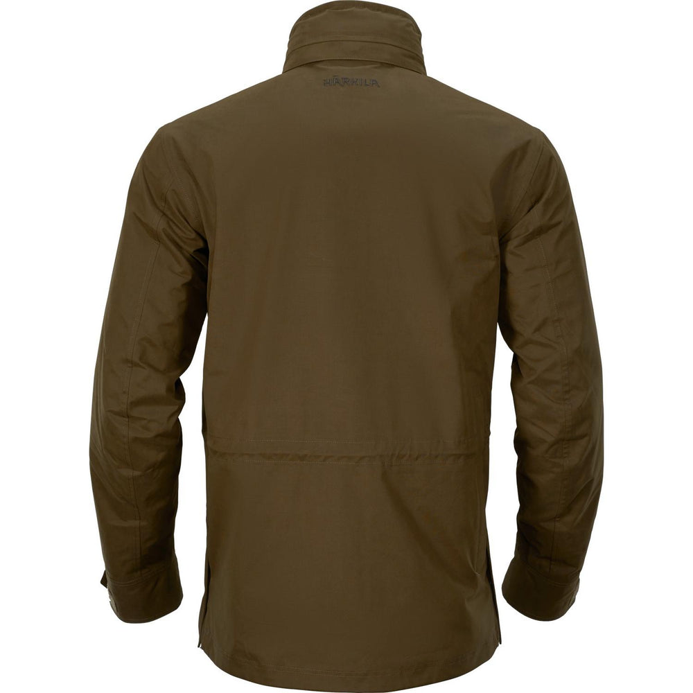 Härkila Retrieve jacket in olive green, back view showing the tonal HÄRKILA logo across the shoulders and the seamed back yoke