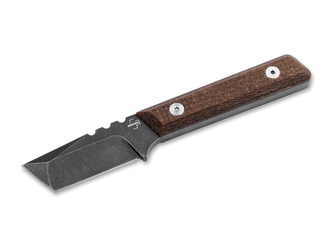 Böker Plus Thicker Clipper fixed blade knife with brown textured micarta handle and stonewashed black tanto blade, side view