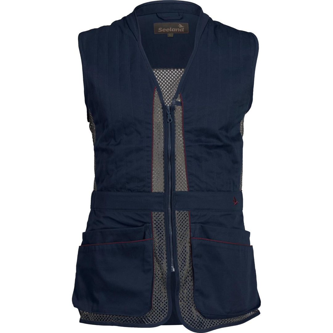 Seeland Skeet II shooting waistcoat in navy, flat front view with mesh side panels, full-length zip, padded shoulder patch and twin cartridge pockets