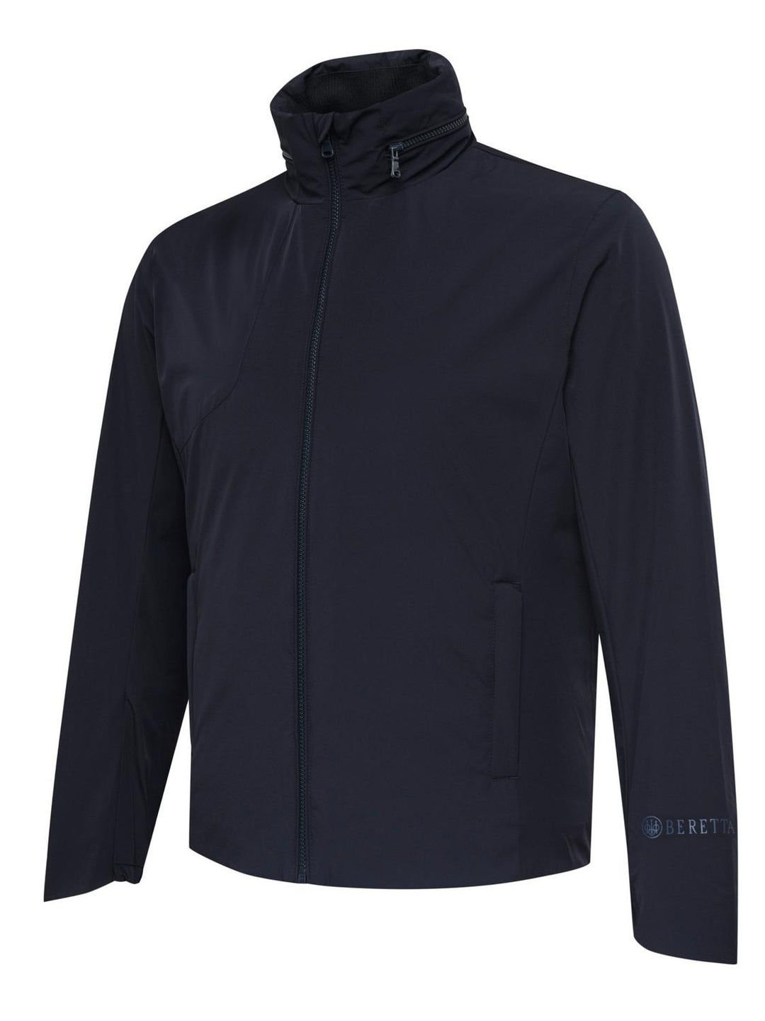 Beretta Pursuit 2 in 1 Jacket outer shell in navy blue worn without the hood, front three-quarter view