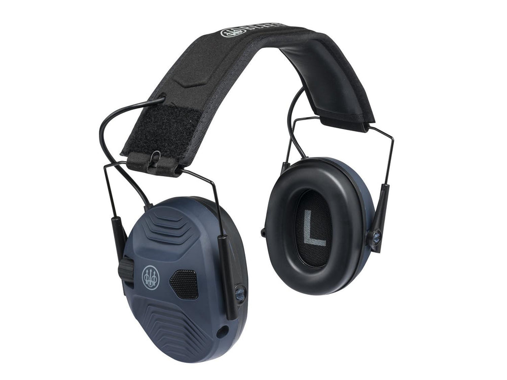 Beretta electronic earmuffs in navy, front-on view with the cups turned outward showing the black foam ear cushion marked L