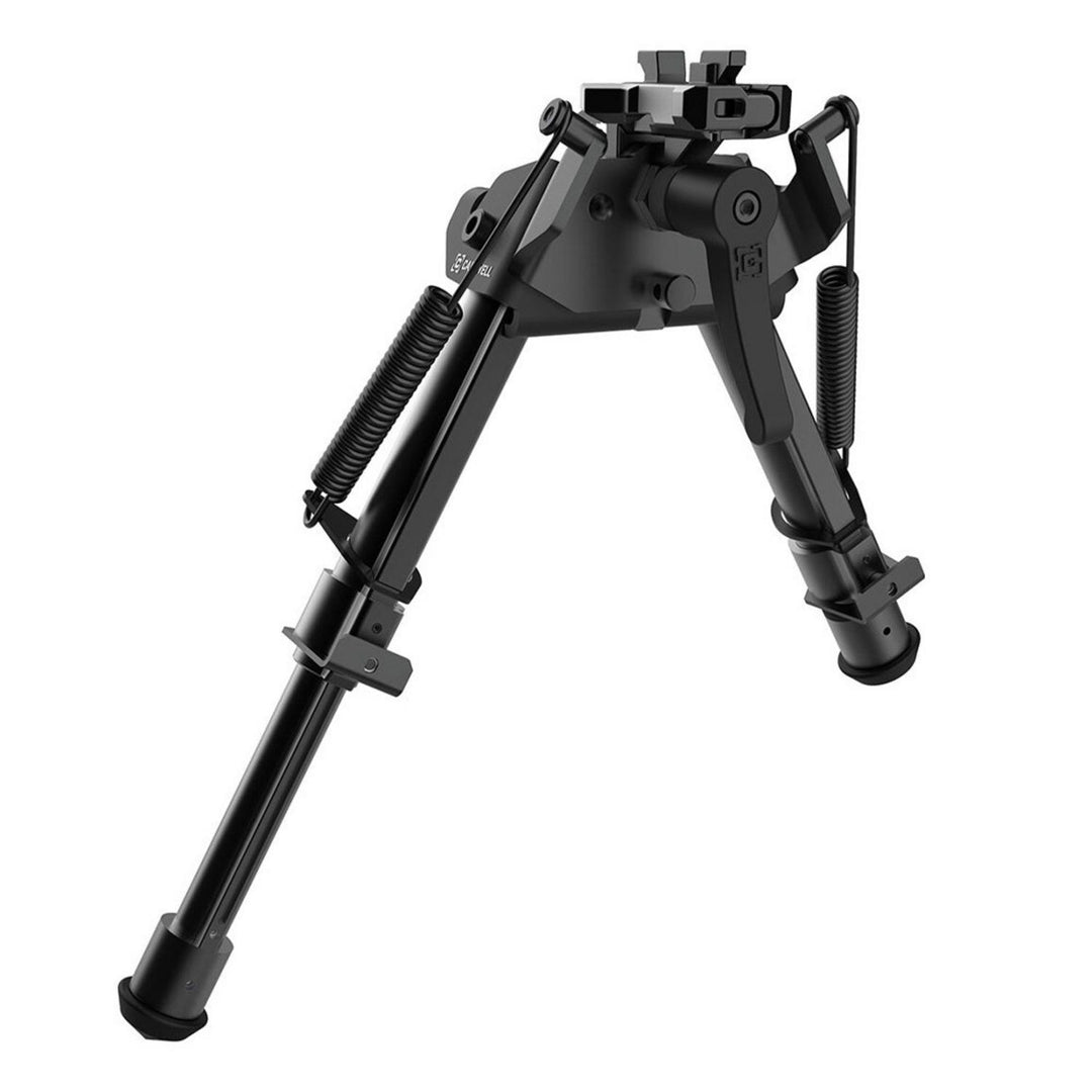 Caldwell XLA HD Tac M-LOK pivot bipod, 6-9 inch, standing with both black legs deployed and the return springs and pivot head visible, front-on view