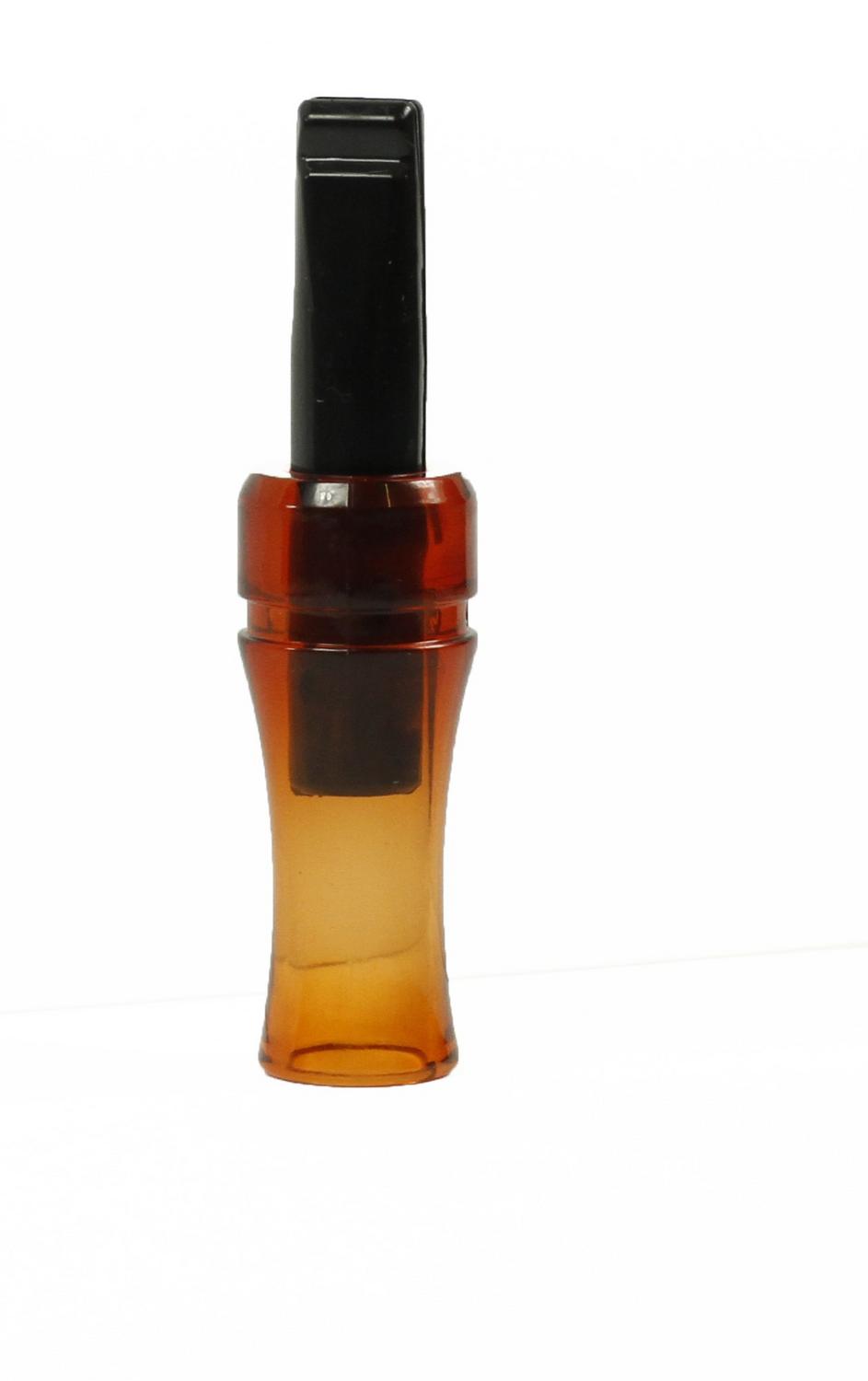 Mjoelner crow call stood upright on its bell, amber acrylic body with the black reed insert at the top