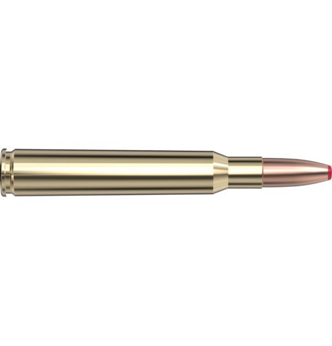Hornady 7x64 150gr ECX cartridge, side-profile render of a brass case with a copper monolithic bullet tipped in red polymer, pointing right on white