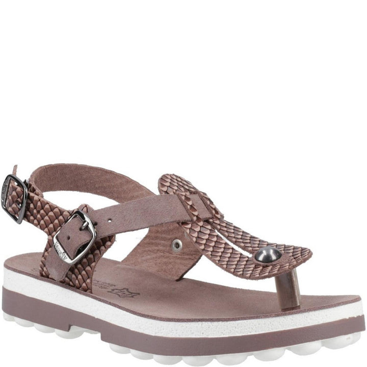 Fantasy Marlena buckle-up leather sandal in Espresso Cobra, brown snake-embossed leather, side view with toe post and ankle buckle strap