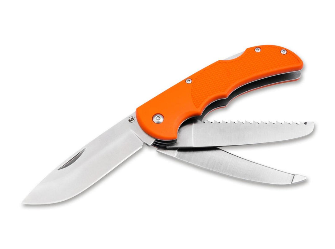 Böker Magnum HL Triple pocket knife in orange, open with main blade and two further blades fanned out, one serrated, side view
