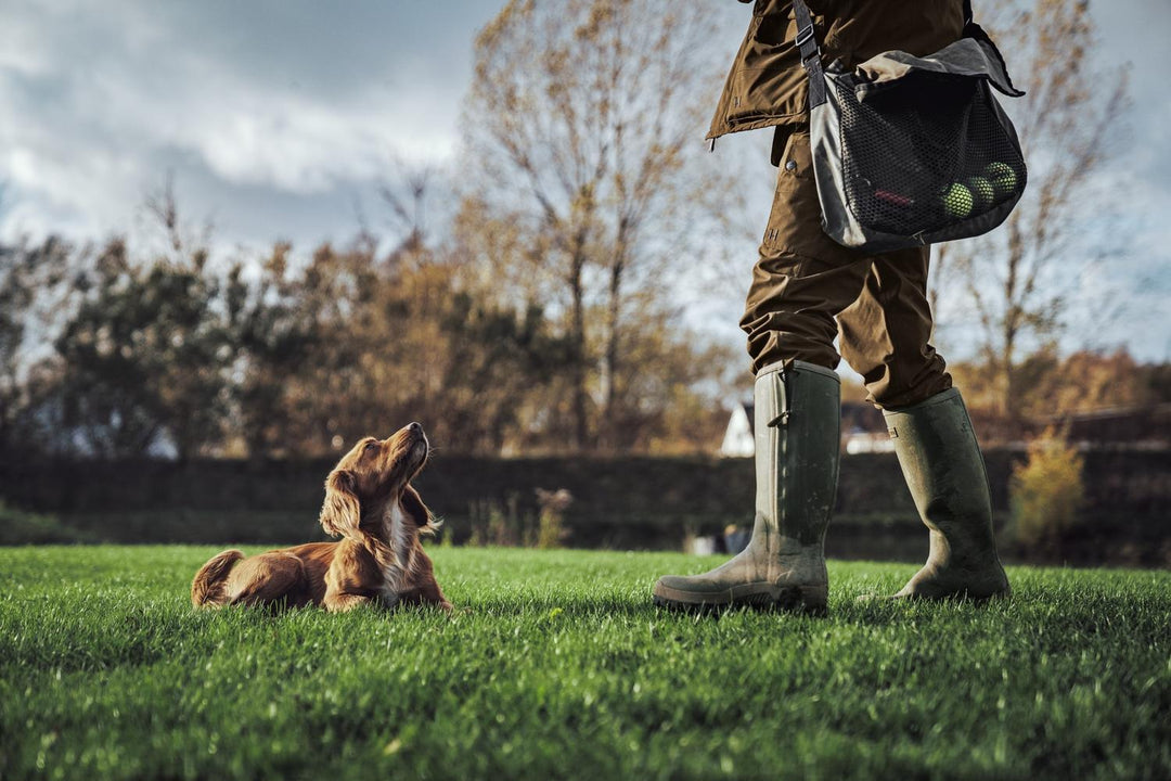 Lifestyle: handler in Retrieve trousers and green wellingtons standing on grass with a dummy bag; two dogs waiting nearby