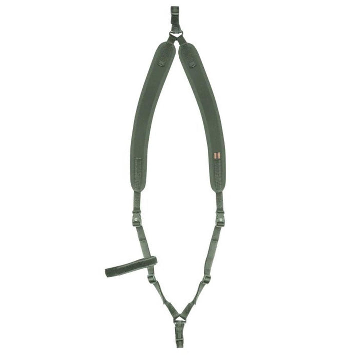 Beretta Neo Backpack Sling in olive green, a padded carry sling with adjustable buckles and a hook clip, shown hanging on white