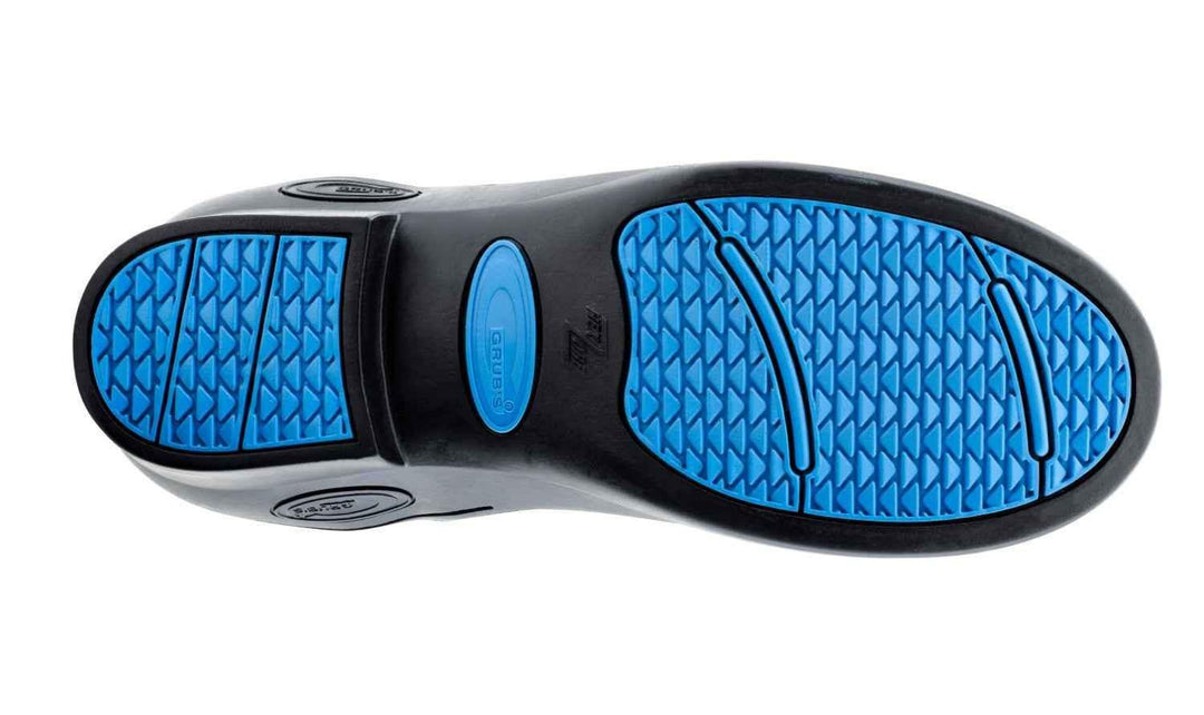 Sole of the Grubs Outline 5.0 women's equestrian ankle boot shown from below, blue and black tread