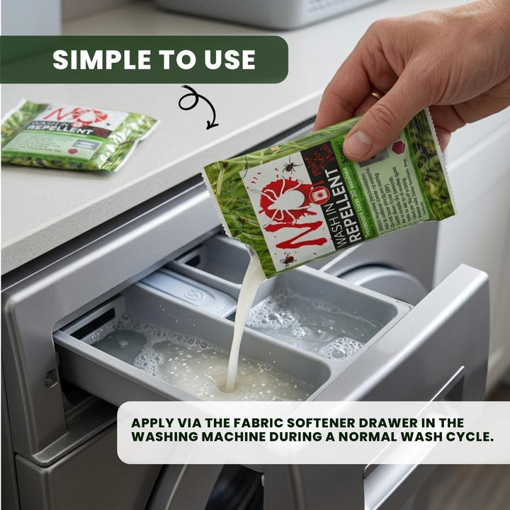 'Simple to Use' graphic: a hand adding a NO Tick sachet to a washing-machine fabric-softener drawer during a normal wash