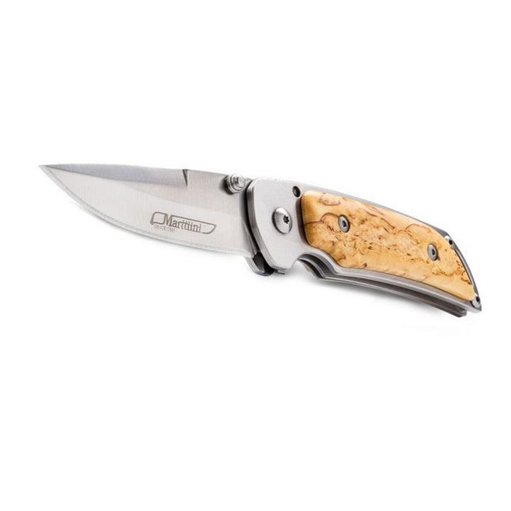 Marttiini MFK-CB folding knife open at an angle with the blade raised, showing the thumb stud, pivot screws and curly-birch handle.