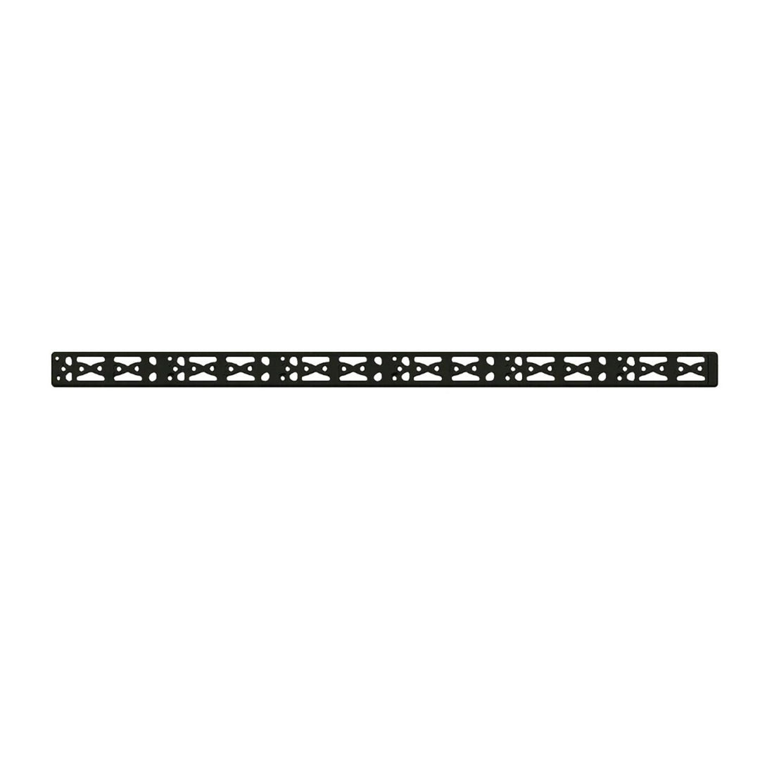 Nieload Super ARCA M-LOK rail viewed edge-on down its full length, showing the repeating cross-slot pattern along the black bar