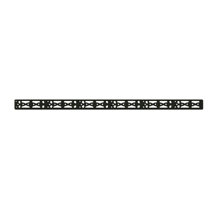 Nieload Super ARCA M-LOK rail viewed edge-on down its full length, showing the repeating cross-slot pattern along the black bar