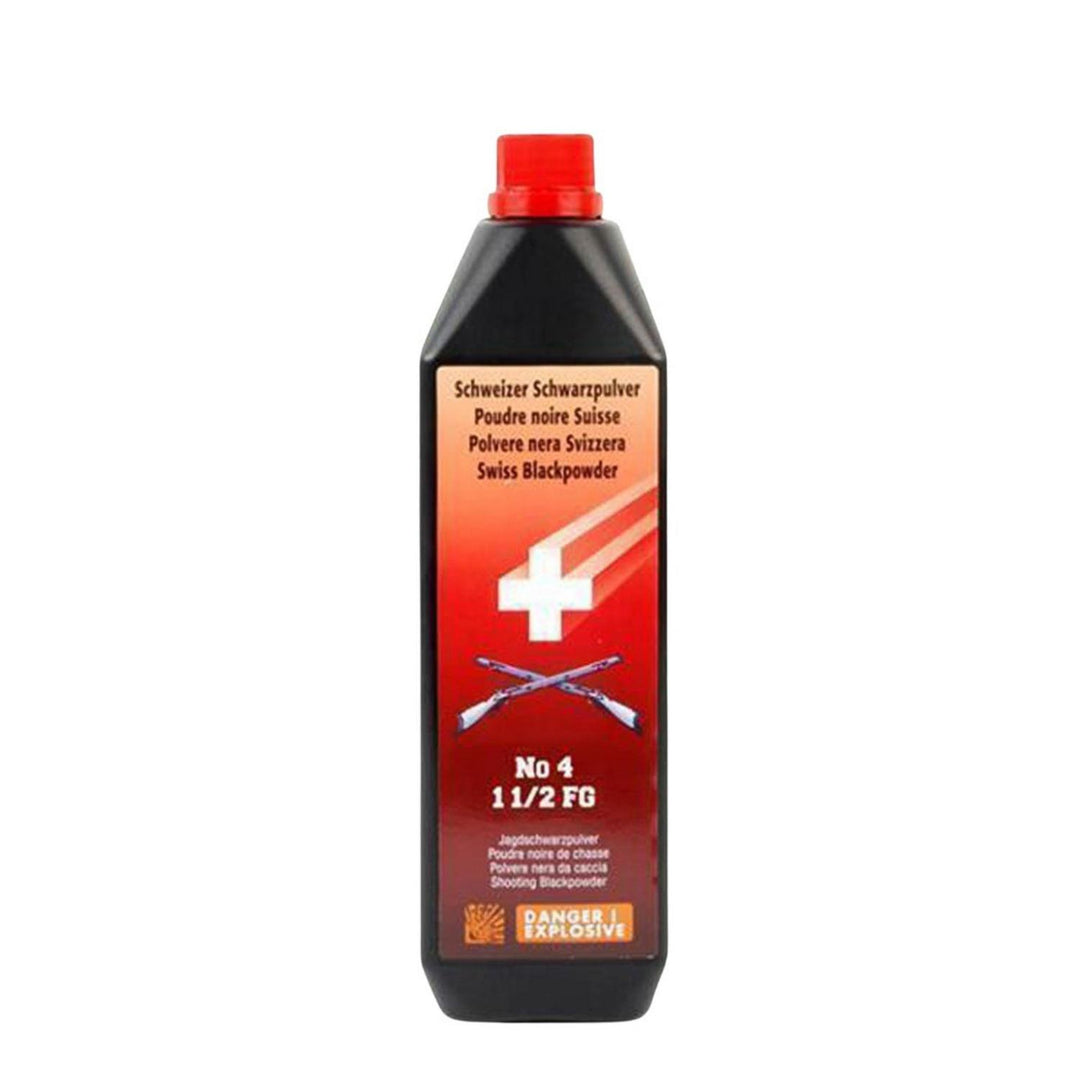 Swiss No.4 1.5Fg black powder 1kg bottle with red cap and red, black and white Swiss cross label, front view
