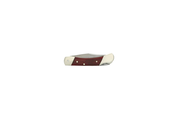 Uncle Henry Brown Bear folding knife shown closed, side view with dark reddish sawcut handle scales and polished nickel-silver bolsters