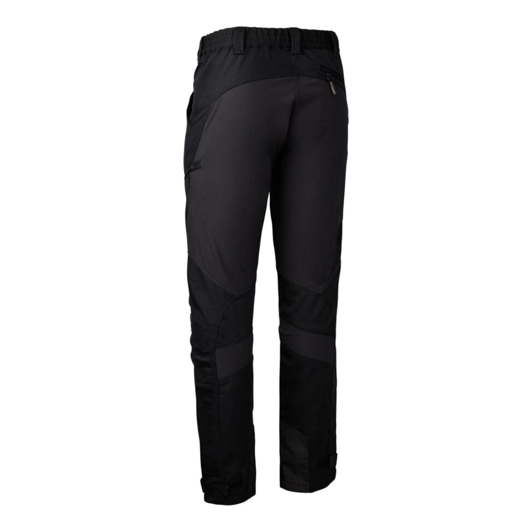 Close-up back three-quarter view of the Deerhunter Rogaland trousers' textured reinforcement panel on the seat and knee with a zipped thigh pocket