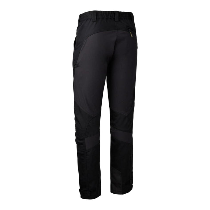 Close-up back three-quarter view of the Deerhunter Rogaland trousers' textured reinforcement panel on the seat and knee with a zipped thigh pocket