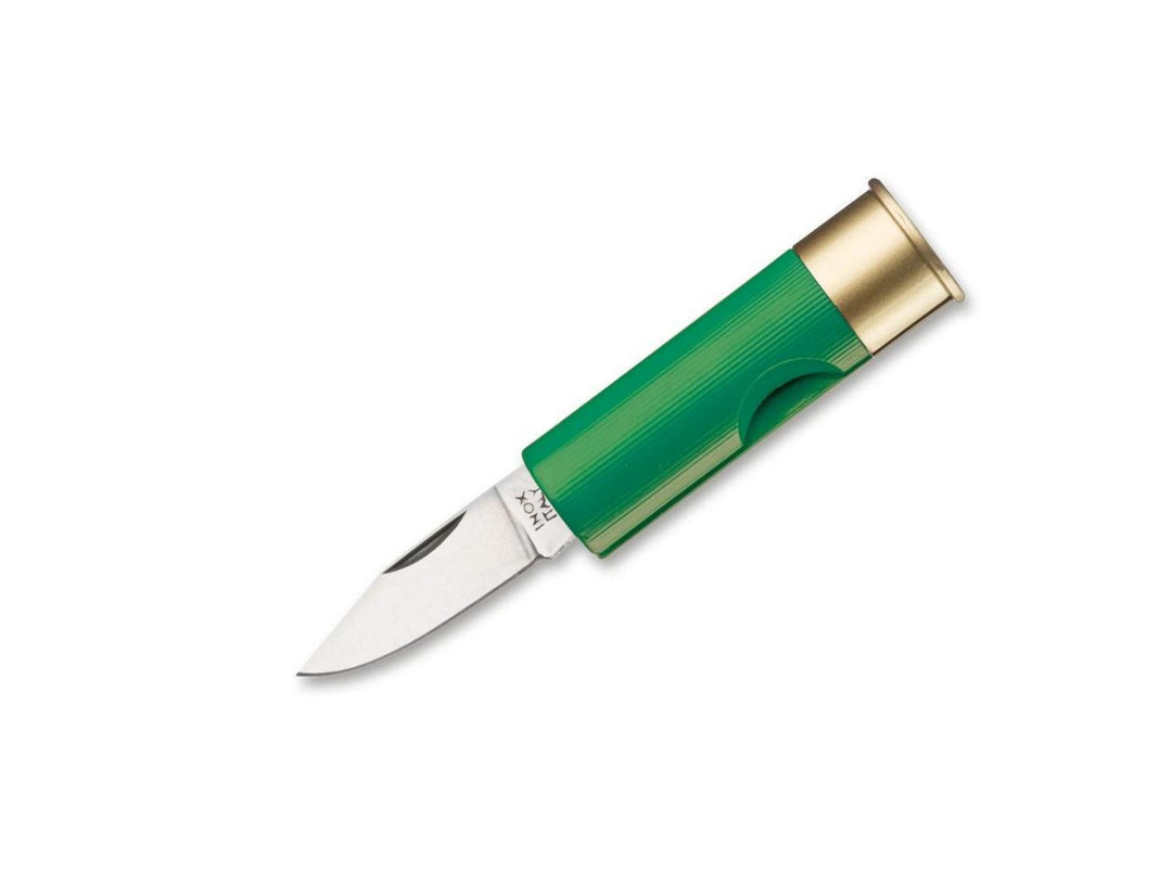 Antonini 12 Gauge Cartridge pocket knife shaped like a green shotgun shell with brass base and slipjoint blade, open side view