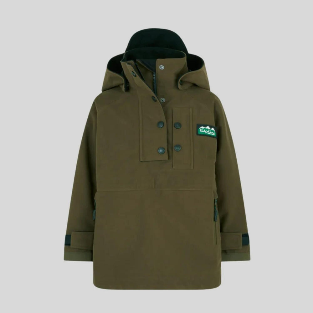Front view of the olive green Ridgeline Kids Monsoon Classic smock, with a fleece-lined hood, half-button storm placket, chest pocket and green Ridgeline logo patch.