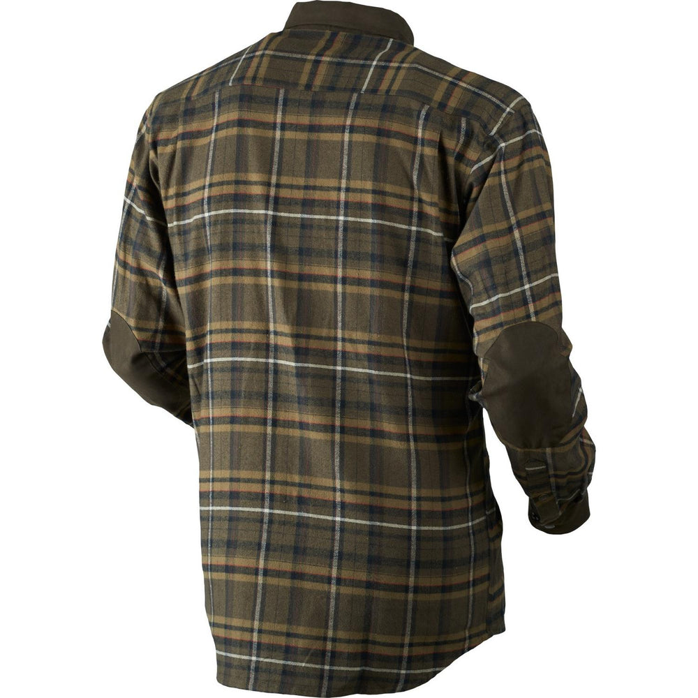 Harkila Pajala check shirt seen from behind, showing the plain olive check back, shoulder yoke and dark green elbow patches.