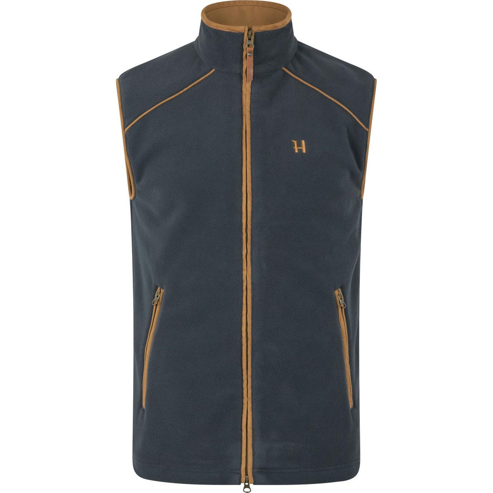 Härkila Sandhem 200 fleece waistcoat in dark navy, front view showing the tan-piped shoulder seams and copper H logo on the chest