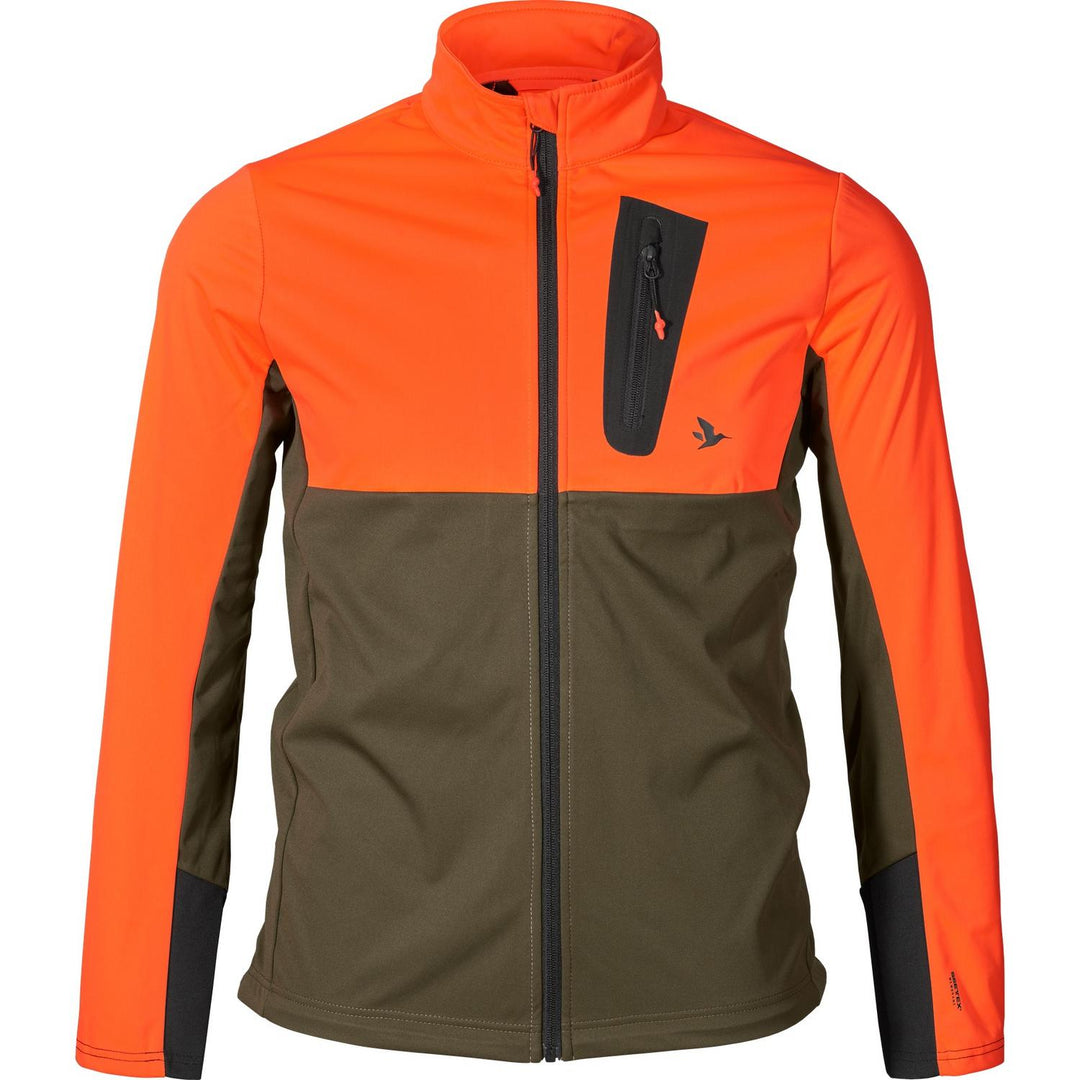 Seeland Force Advanced softshell jacket in blaze orange and dark olive, waterproof softshell with stand collar and chest zip pocket, front view on a white background.