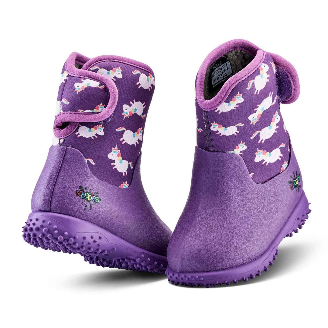 Grubs Muddies Puddle 5.0 toddler wellington boots in purple with unicorn print upper and purple trim and sole, pair three-quarter view