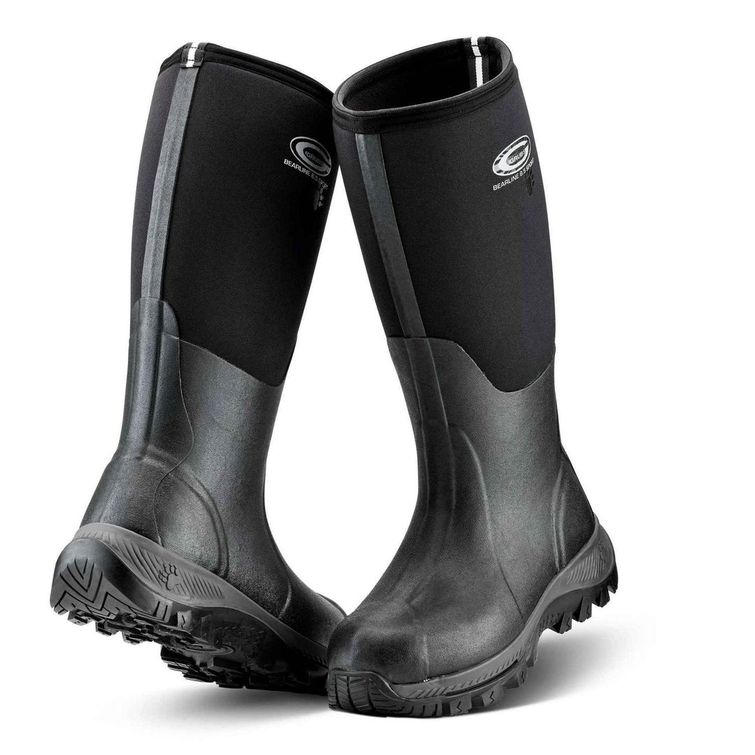 Grubs Bearline 8.5 extreme cold insulated wellington boots in black, pair shown from the front three-quarter with grey sole