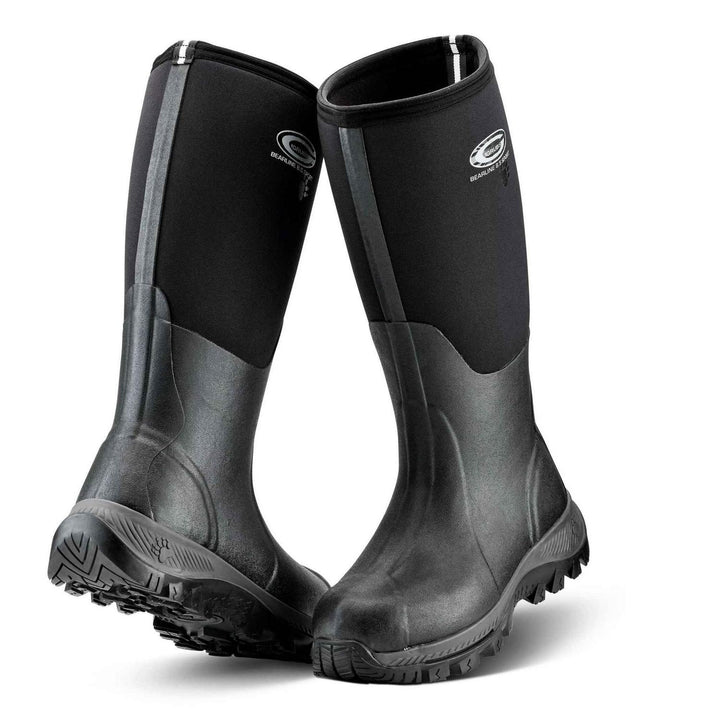 Grubs Bearline 8.5 extreme cold insulated wellington boots in black, pair shown from the front three-quarter with grey sole