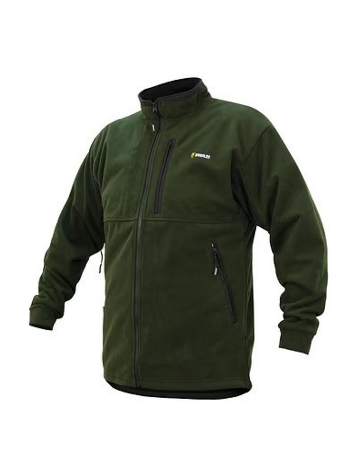 Swazi fleece jacket in olive green, front view showing the zipped chest and side pockets and a contrast inner collar.