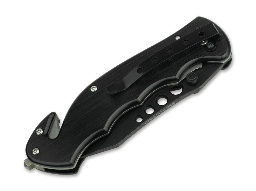 Böker Magnum Special Forces black folding knife, back view with pocket clip and glass breaker