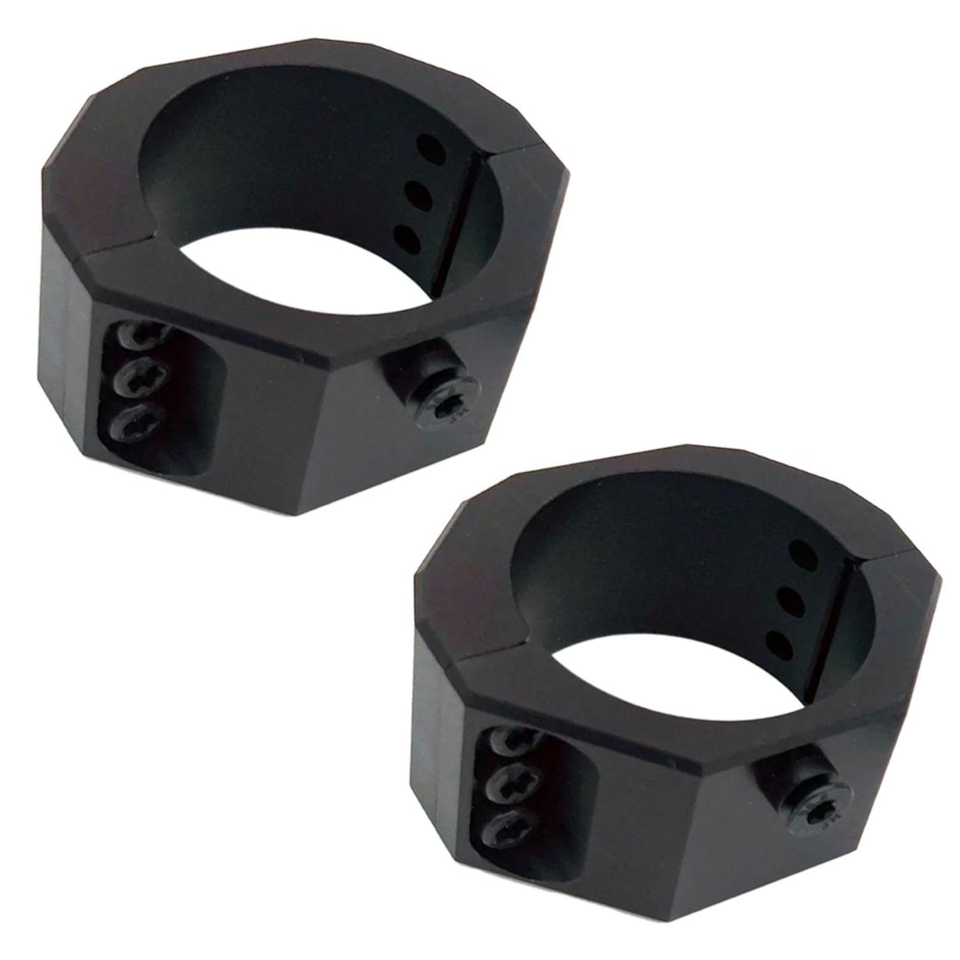 Nieload TAC30 30mm scope rings, pair of black anodised faceted rings with hex clamp screws, shown open and angled on a white background