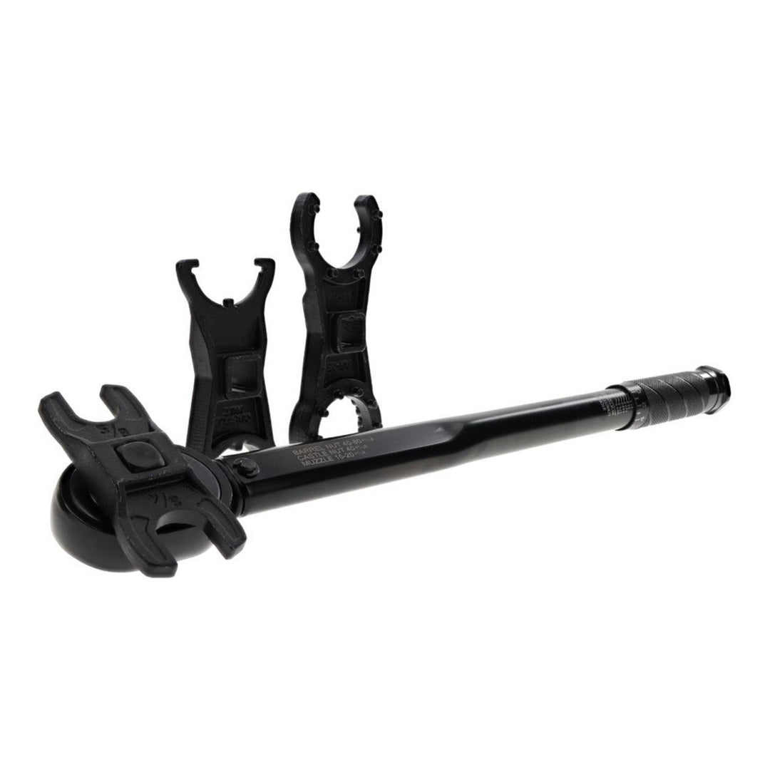 Wheeler Delta Series XL Fat Wrench AR-15 crowfoot set, black torque wrench with two crowfoot attachments standing in front of it