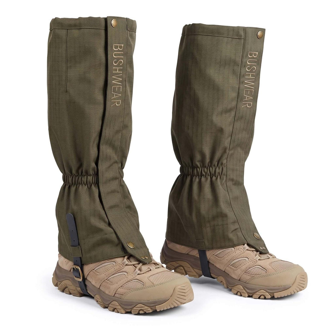 BushWear ThornGuard Pro gaiters in olive green, pair shown with front zips over a tan boot, product view on white.