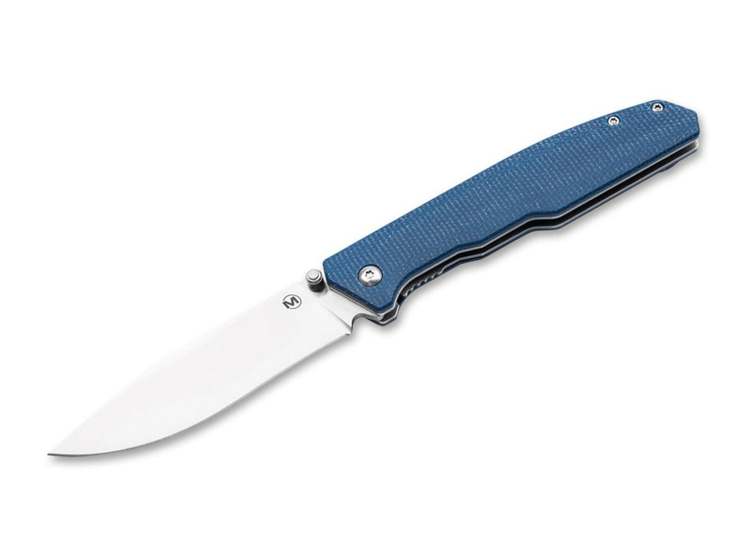 Böker Magnum Deep Blue Canvas folding knife with blue canvas micarta handle and satin drop-point blade, open side view