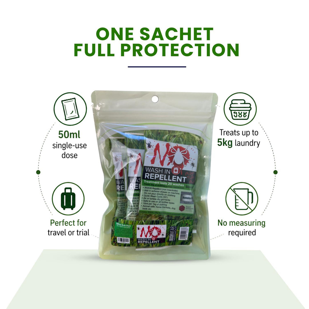 'One Sachet, Full Protection' spec panel: a 50ml single dose treats up to 5kg of laundry, travel-friendly with no measuring required
