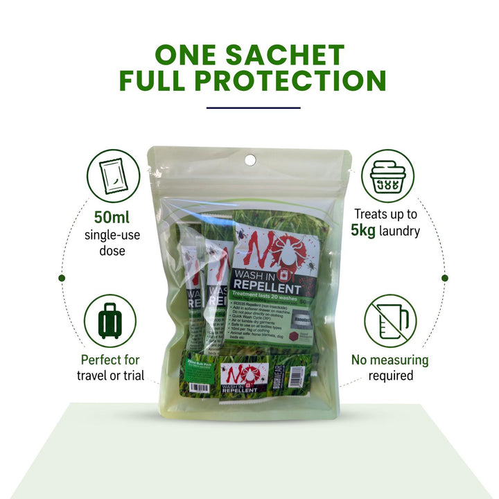 'One Sachet, Full Protection' spec panel: a 50ml single dose treats up to 5kg of laundry, travel-friendly with no measuring required