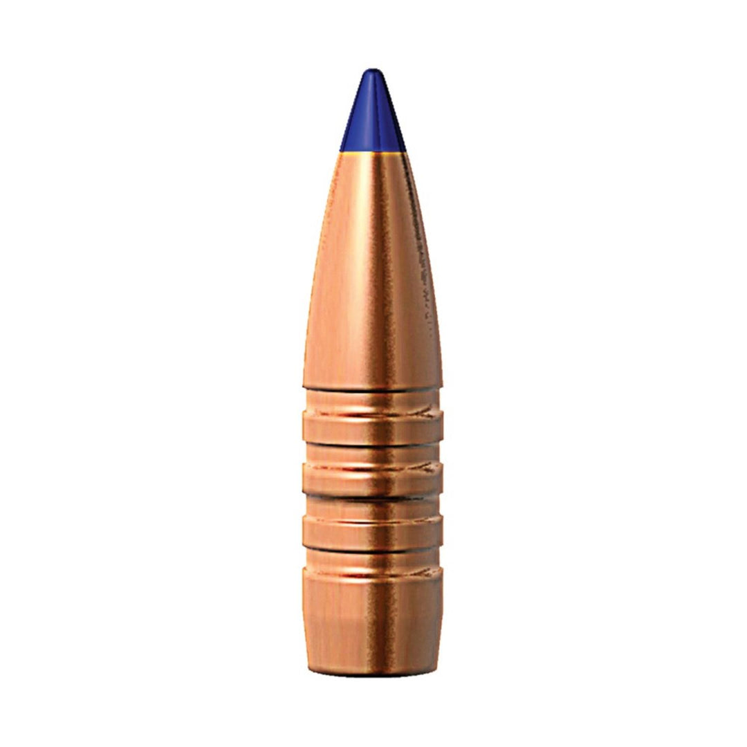 Barnes TTSX 7mm .284 110gr rifle bullet with blue polymer tip and copper body, standing upright on a white background.